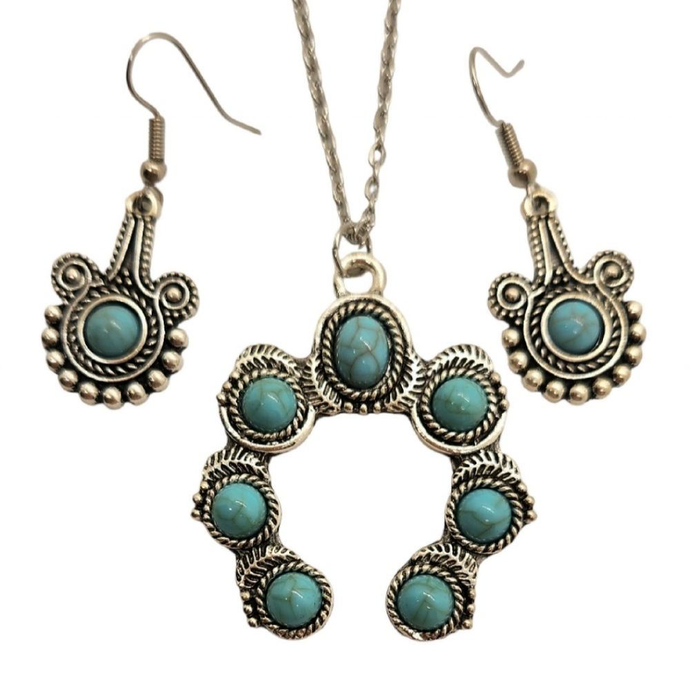 Turquoise Squash Blossom Necklace FREE Turquoise Earrings to Match, Handmade